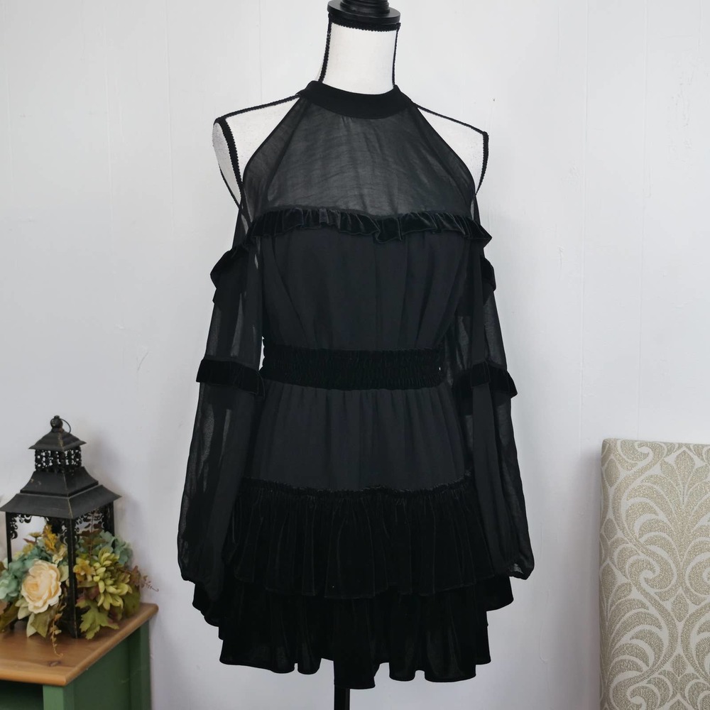 MISA Black Velvet Top & Skirt Set Size‎ XS High Neck Cocktail Witch Party Dress - Picture 9 of 12